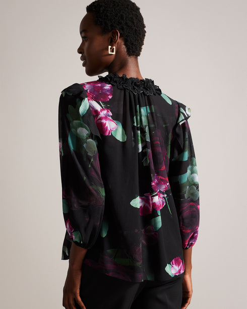 FAIZIAA-Tops-Romance meets effortless glamour in FAIZIAA. Half-length blouson sleeves create a relaxed and feminine look that's perfect for sunny days, while the flower appliqués bring an extra dose of femininity. V-neck top Neck tie Trailing floral print Half length blouson sleeves Cami lining with adjustable straps Flower appliqués- Ted Baker Romania